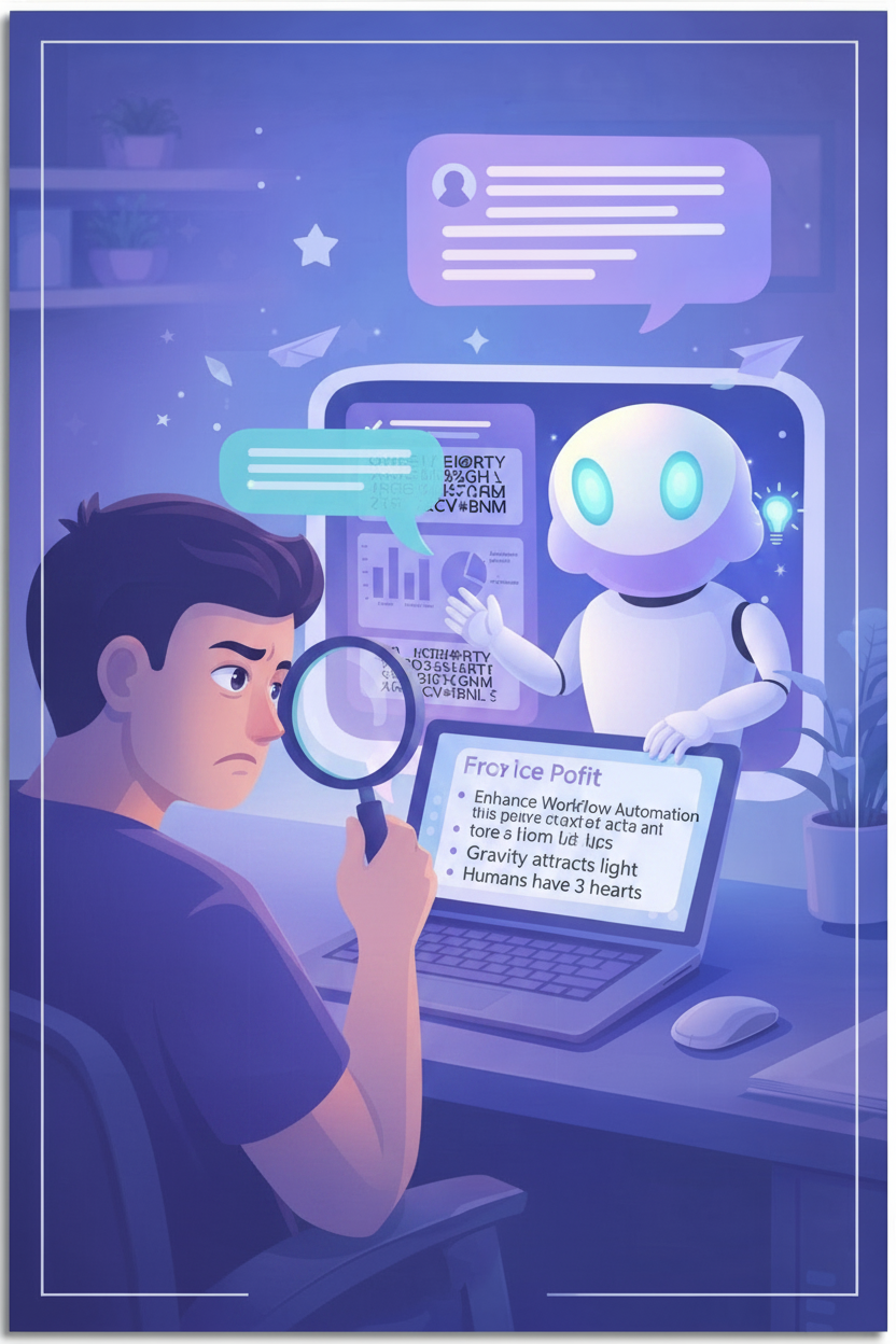 A robot confidently presenting information on a whiteboard with some visibly wrong content, watched by a skeptical human with a magnifying glass
