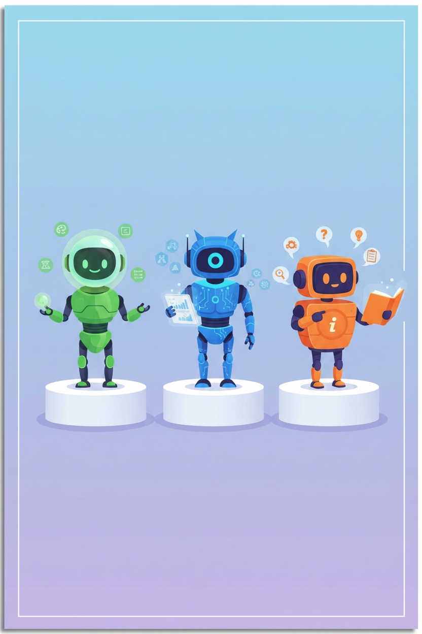 Three AI robots side by side representing ChatGPT, Claude and Gemini with distinct personalities