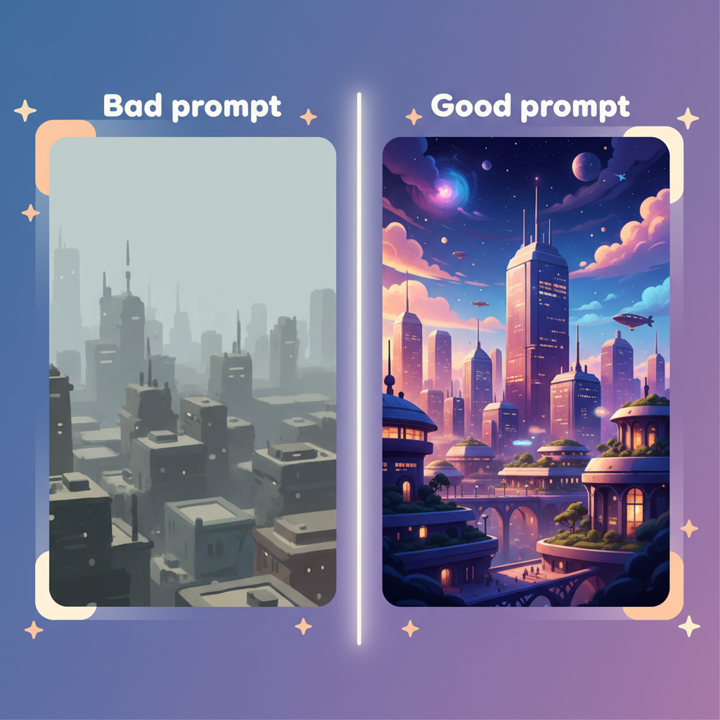 Comparison between a good and bad AI image prompt