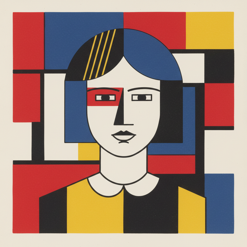 Generate a front facing young women in the bauhaus style
