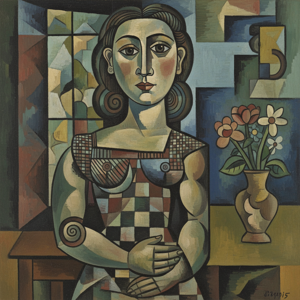 Generate a front facing young women in the style of Picasso
