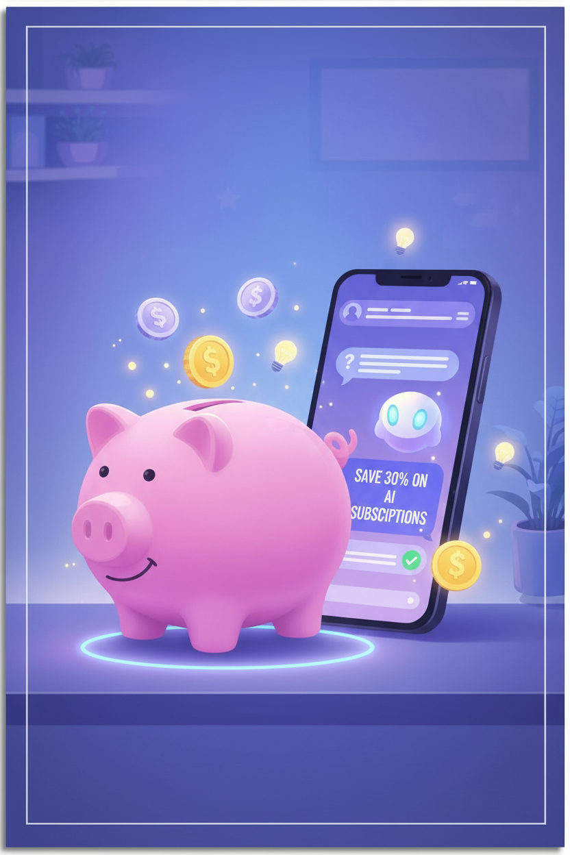 Piggy bank next to a smartphone showing an AI chat interface, symbolizing savings on AI subscriptions